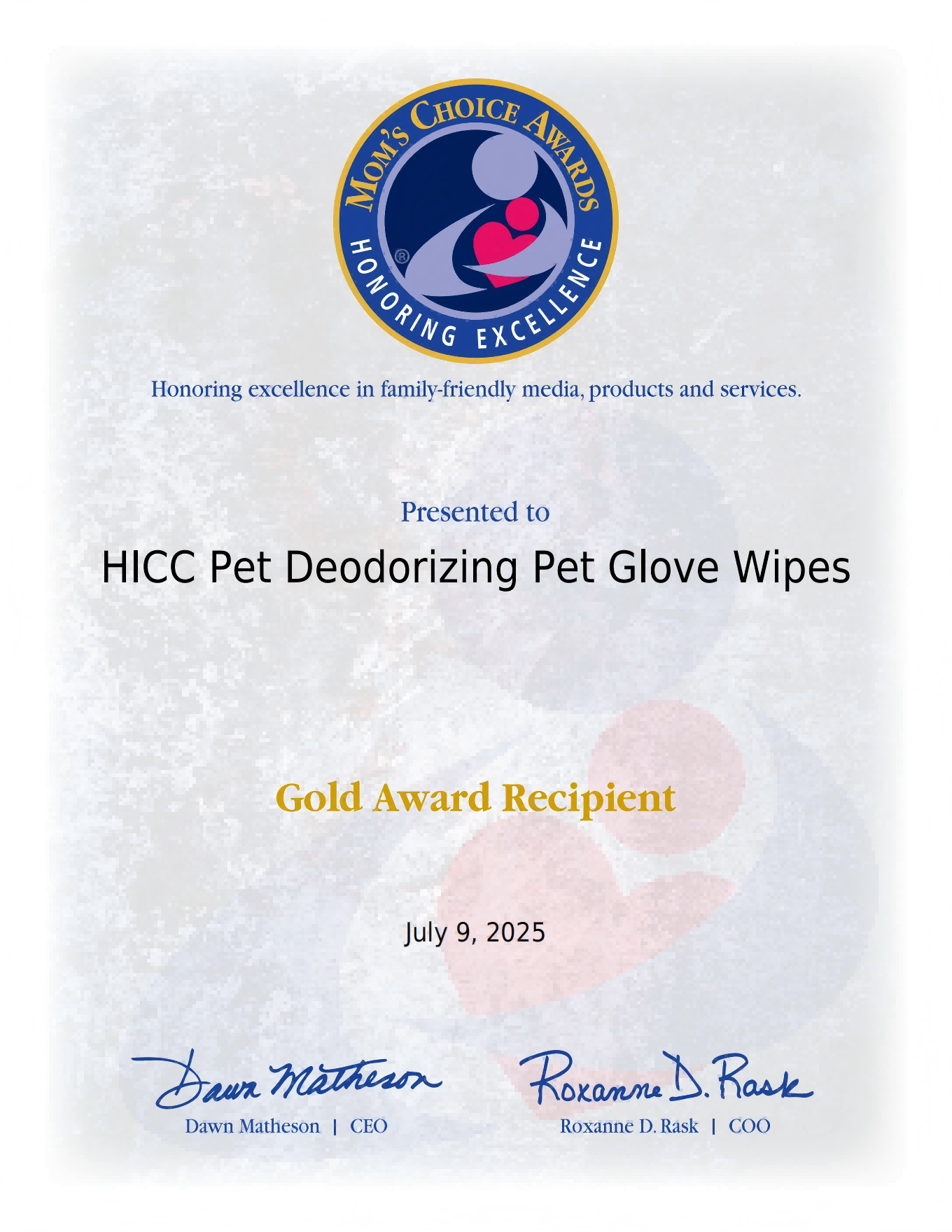 2025 Mom's Choice Gold Award - Deodorizing Pet Glove Wipes