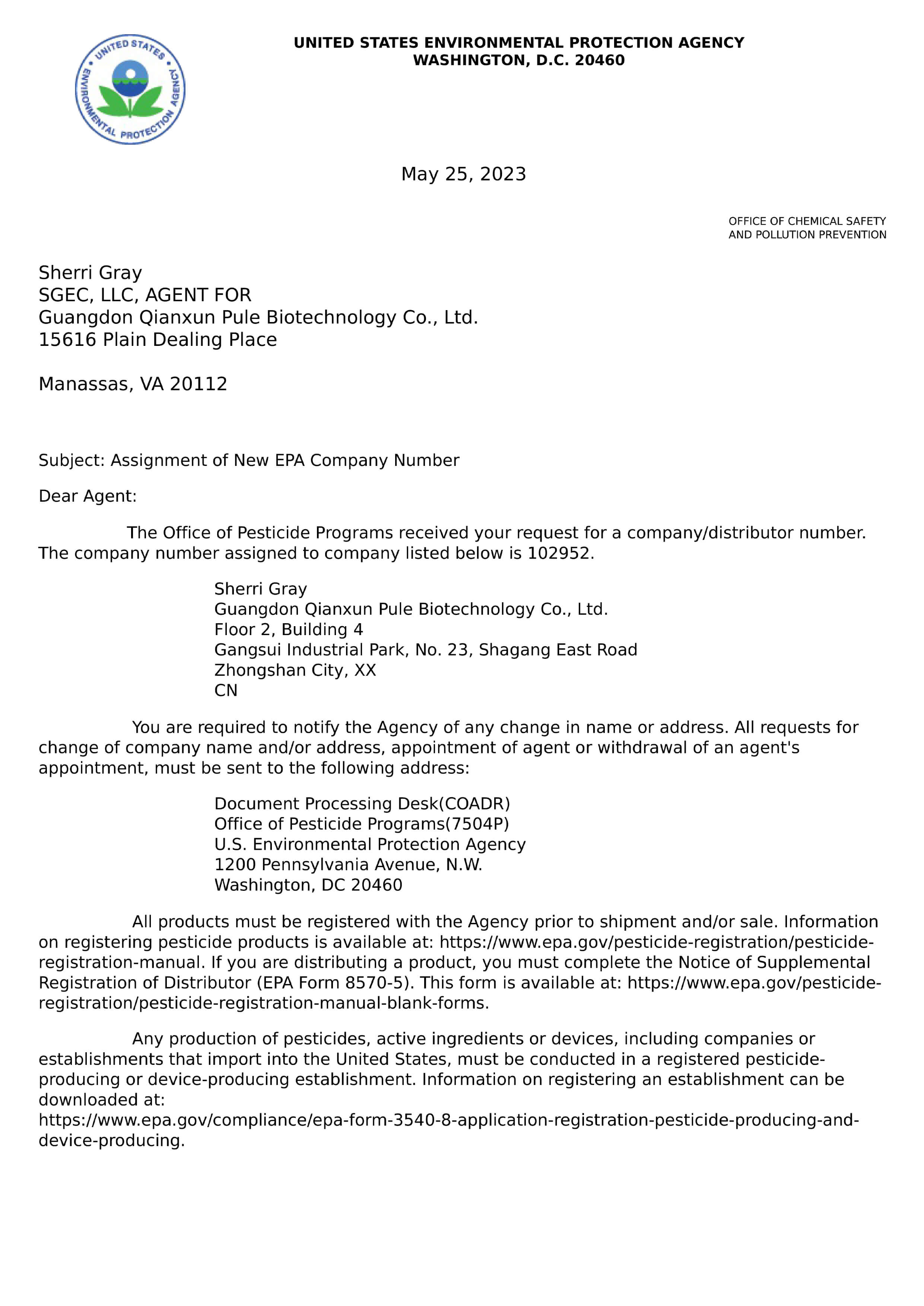 EPA Registration Certificate