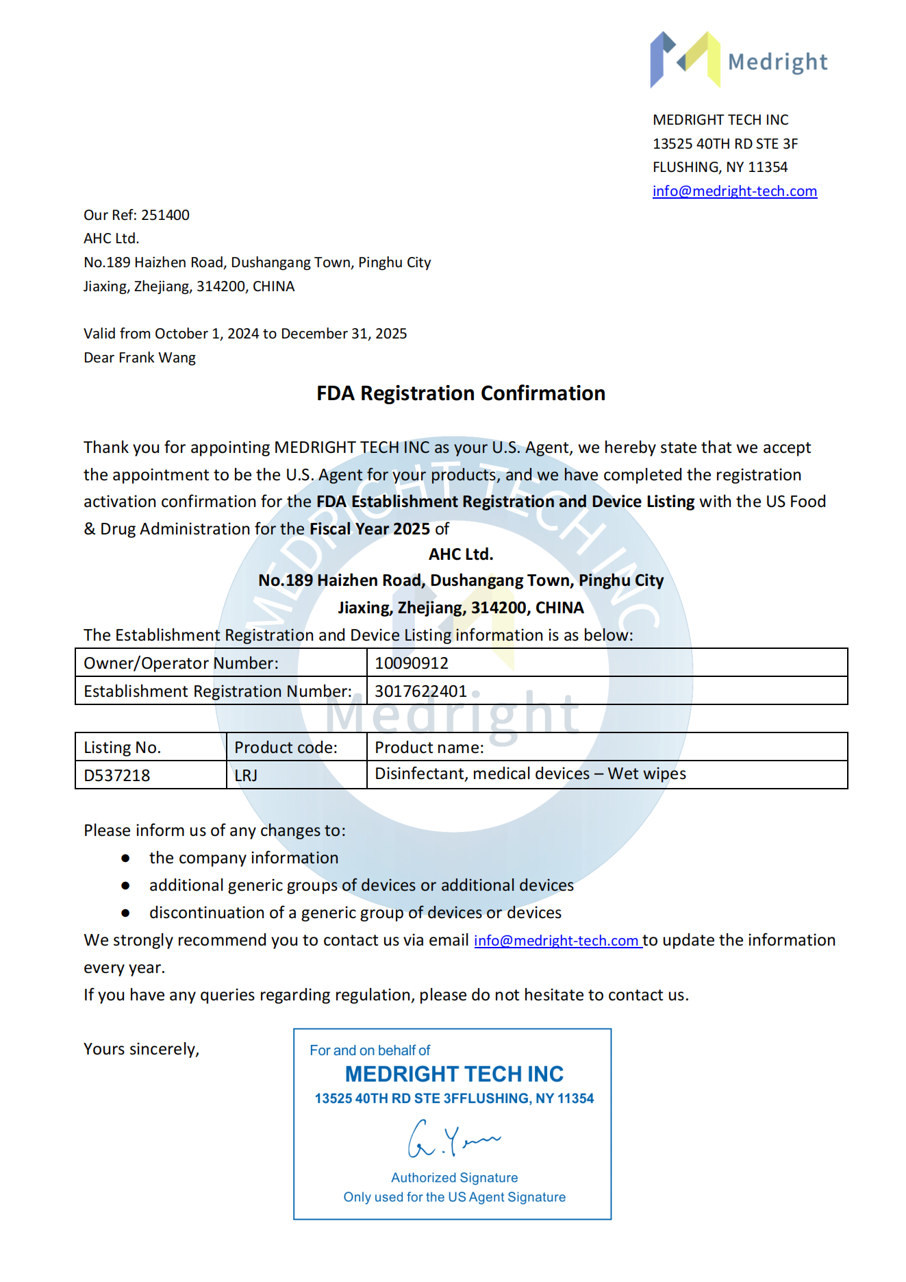 FDA Registration Certificate