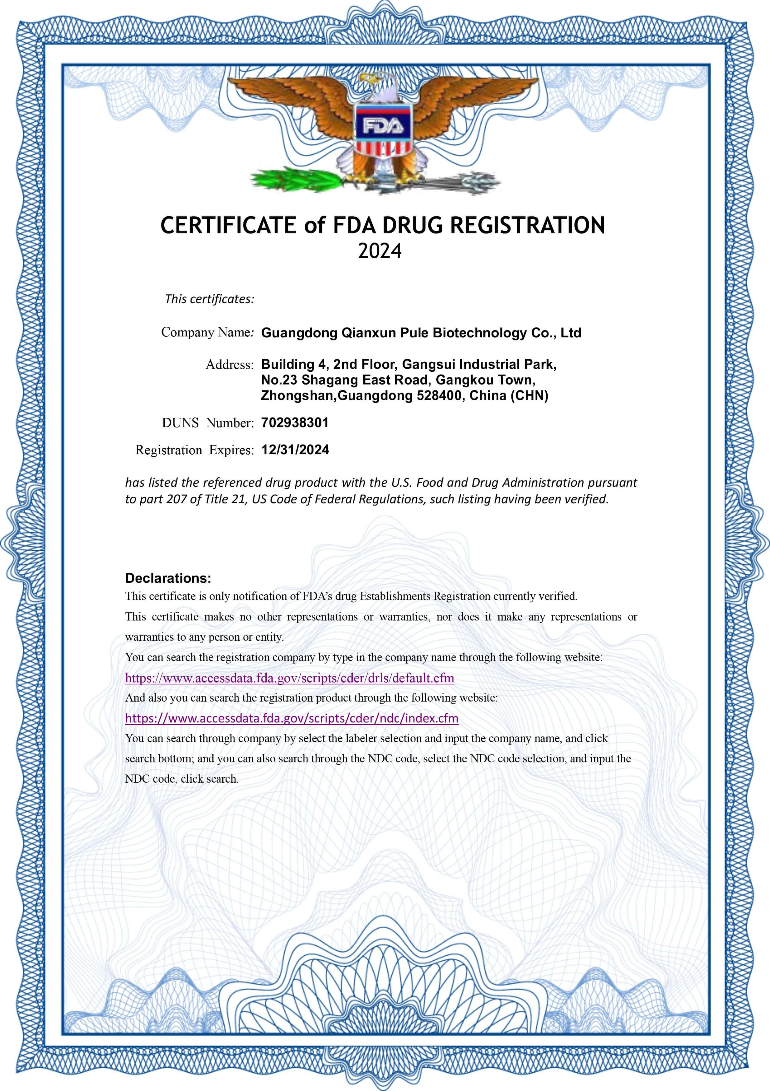 FDA Registration Certificate